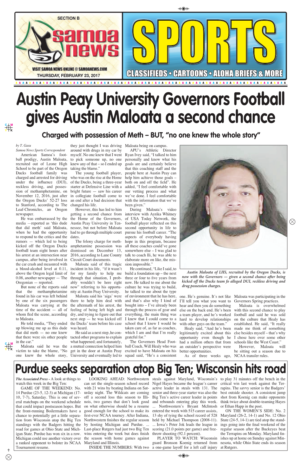 Austin Peay University Governors Football Gives Austin Maloata a Second Chance C M Y K Charged with Possession of Meth – BUT, “No One Knew the Whole Story”