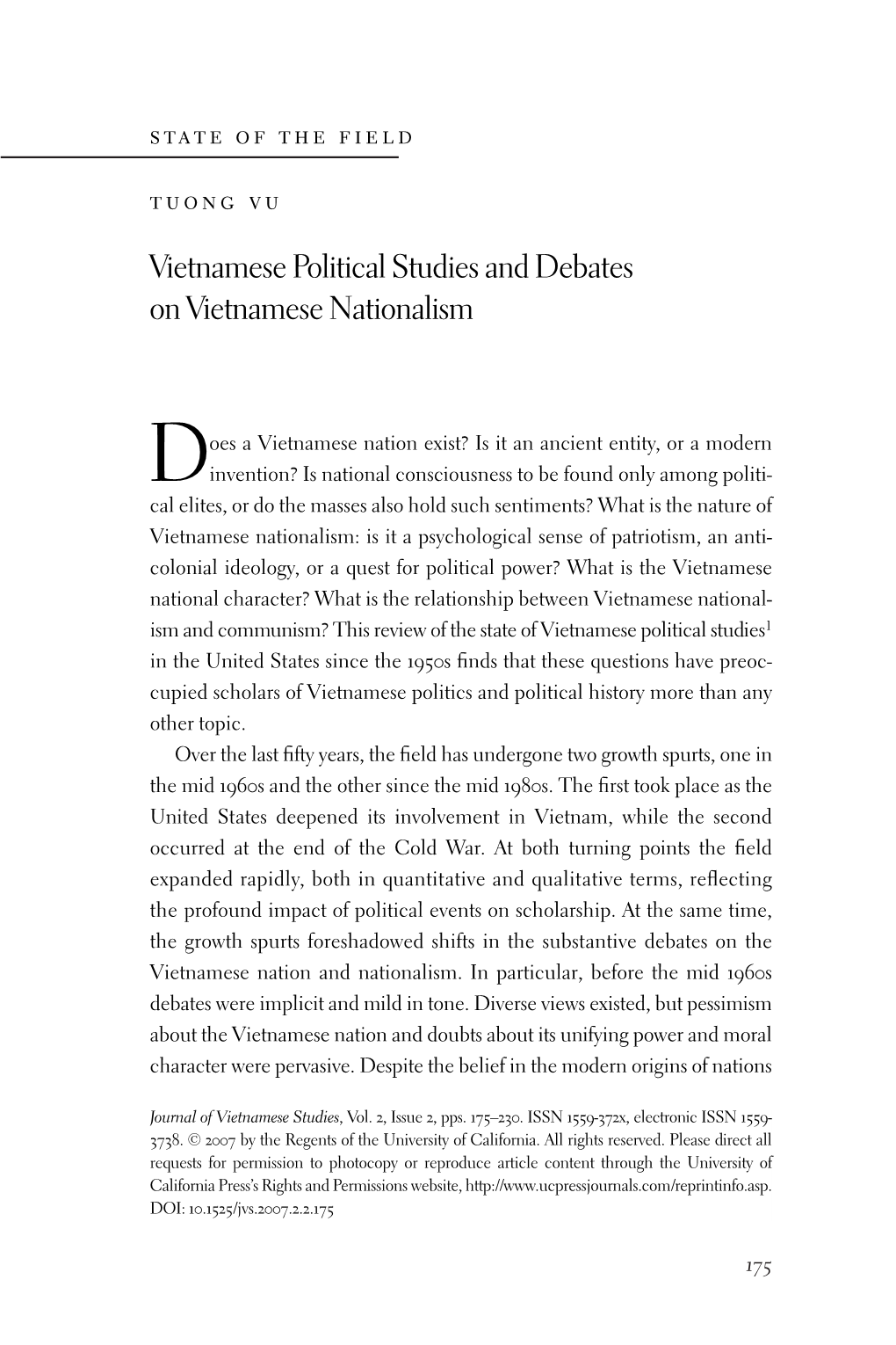 Vietnamese Political Studies and Debates on Vietnamese Nationalism