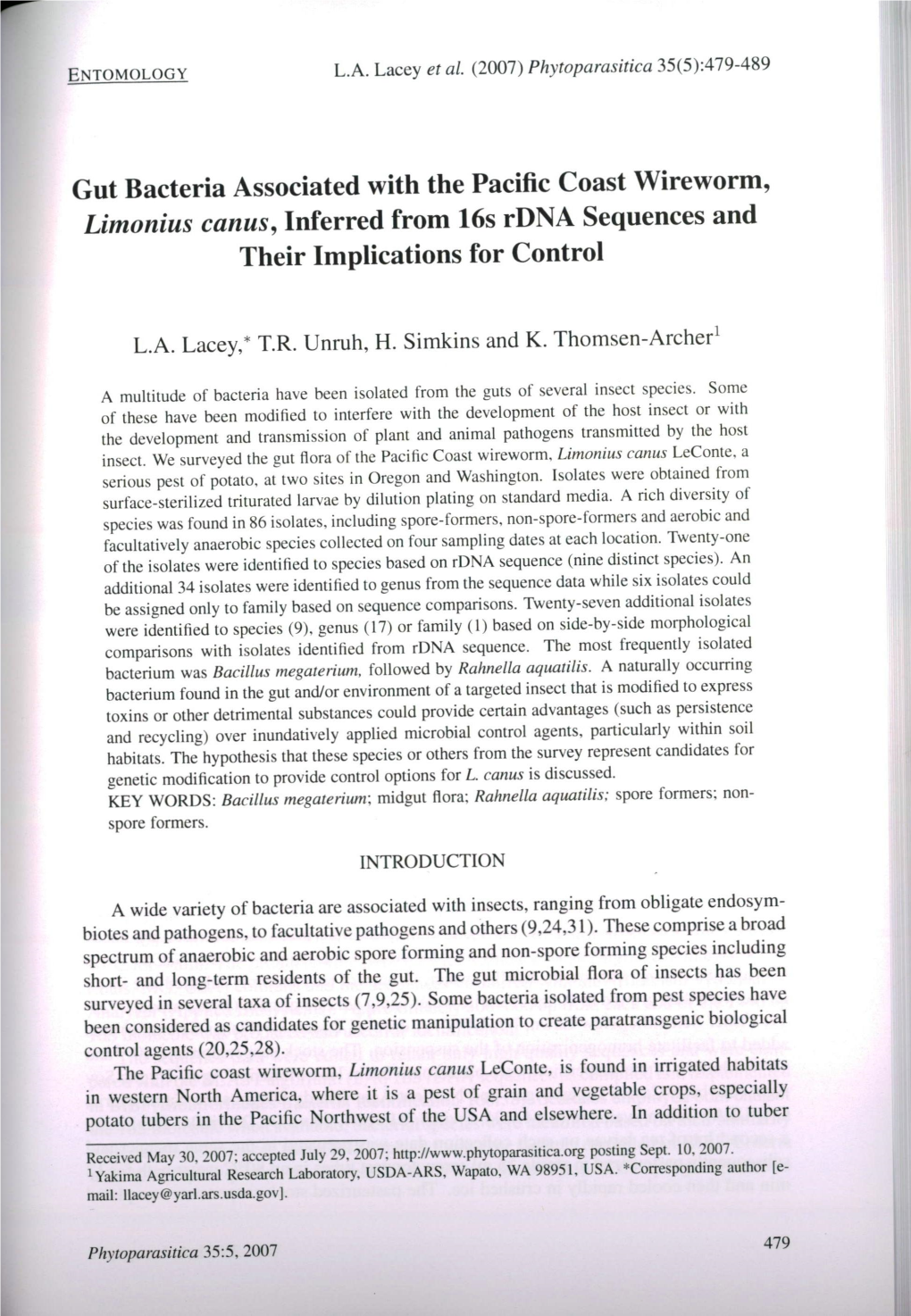 Gut Bacteria Associated with the Pacific Coast Wireworm, Limonius Canus, Inferred from 16S Rdna Sequences and Their Implications for Control