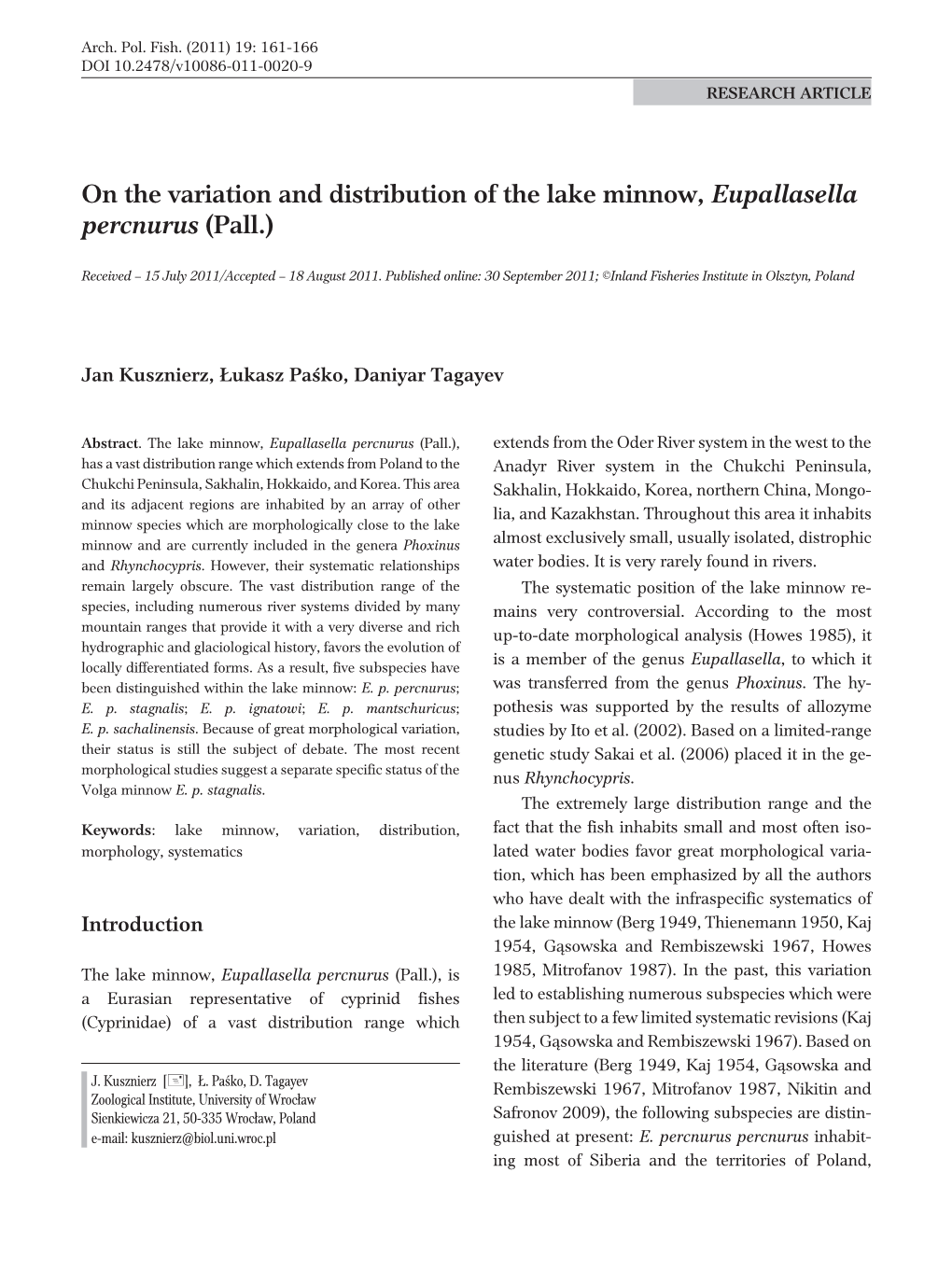 On the Variation and Distribution of the Lake Minnow, Eupallasella Percnurus (Pall.)