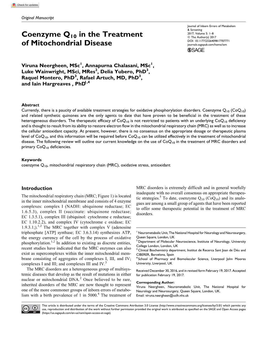 Coenzyme Q10 in the Treatment of Mitochondrial Disease