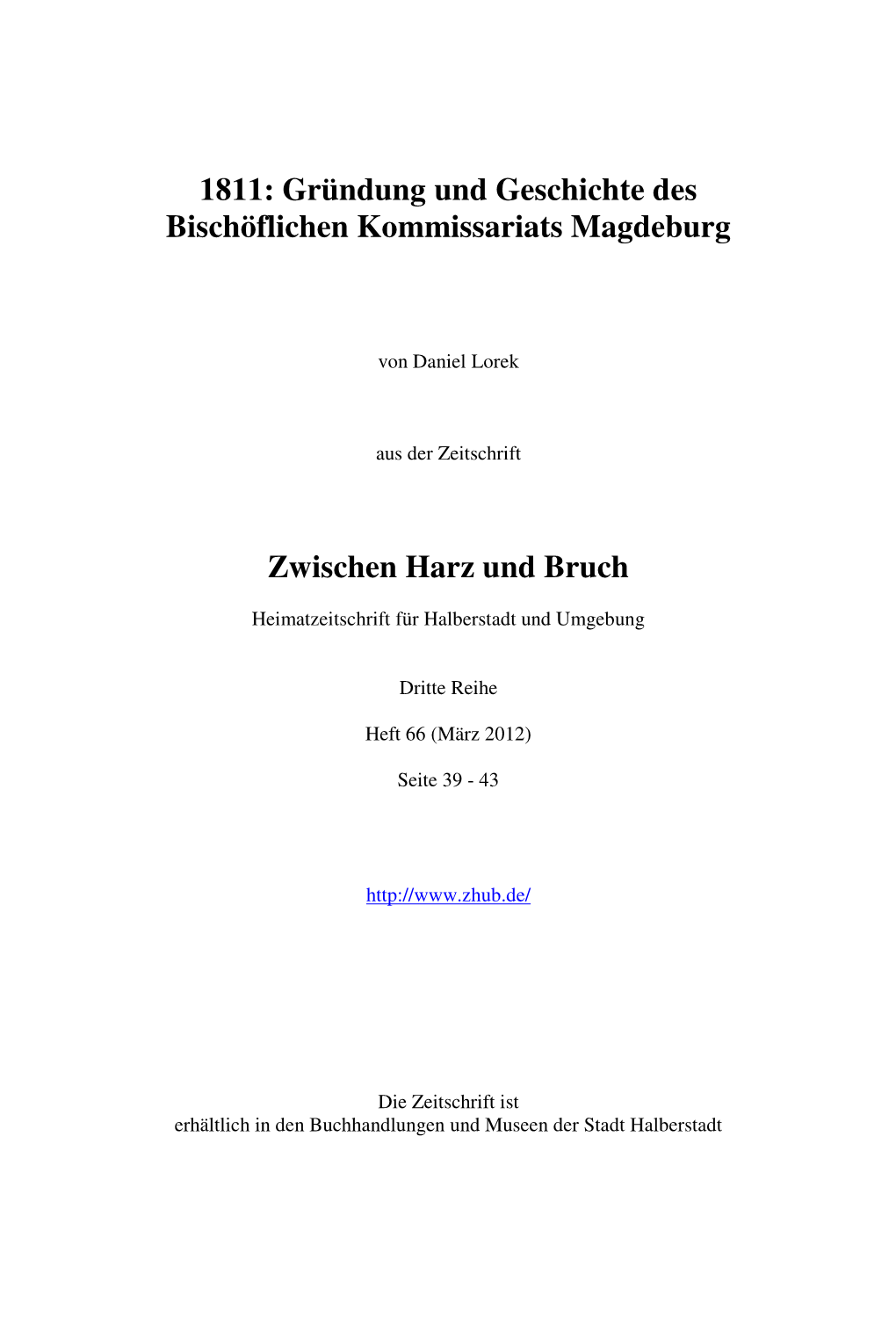 1811: Gründung Und Geschichte Des Bischöflichen Kommissariats Magdeburg