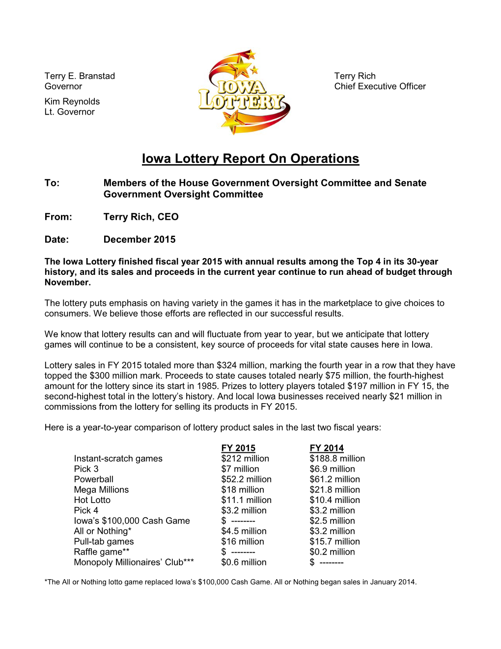 Iowa Lottery Report on Operations