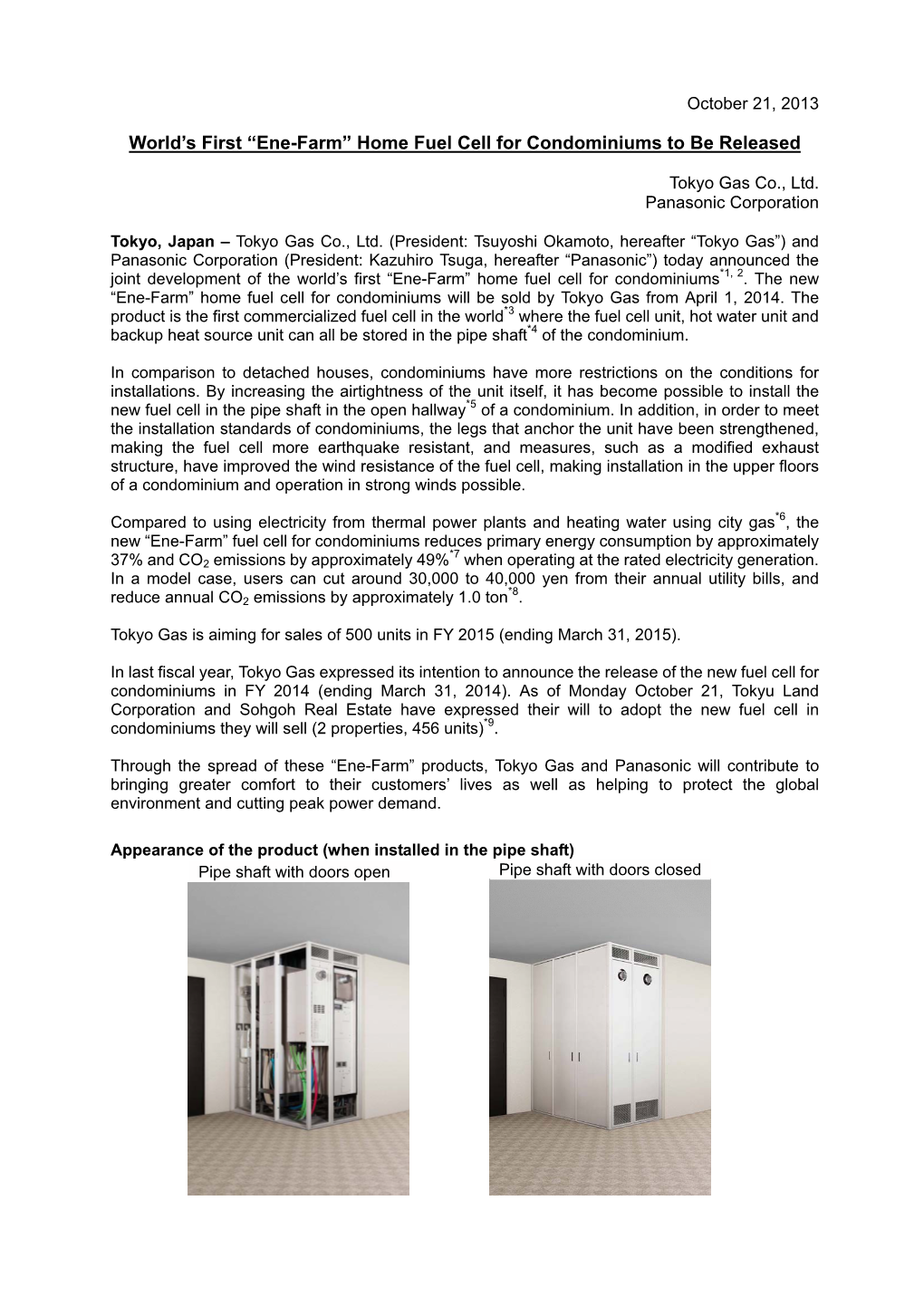 “Ene-Farm” Home Fuel Cell for Condominiums to Be Released