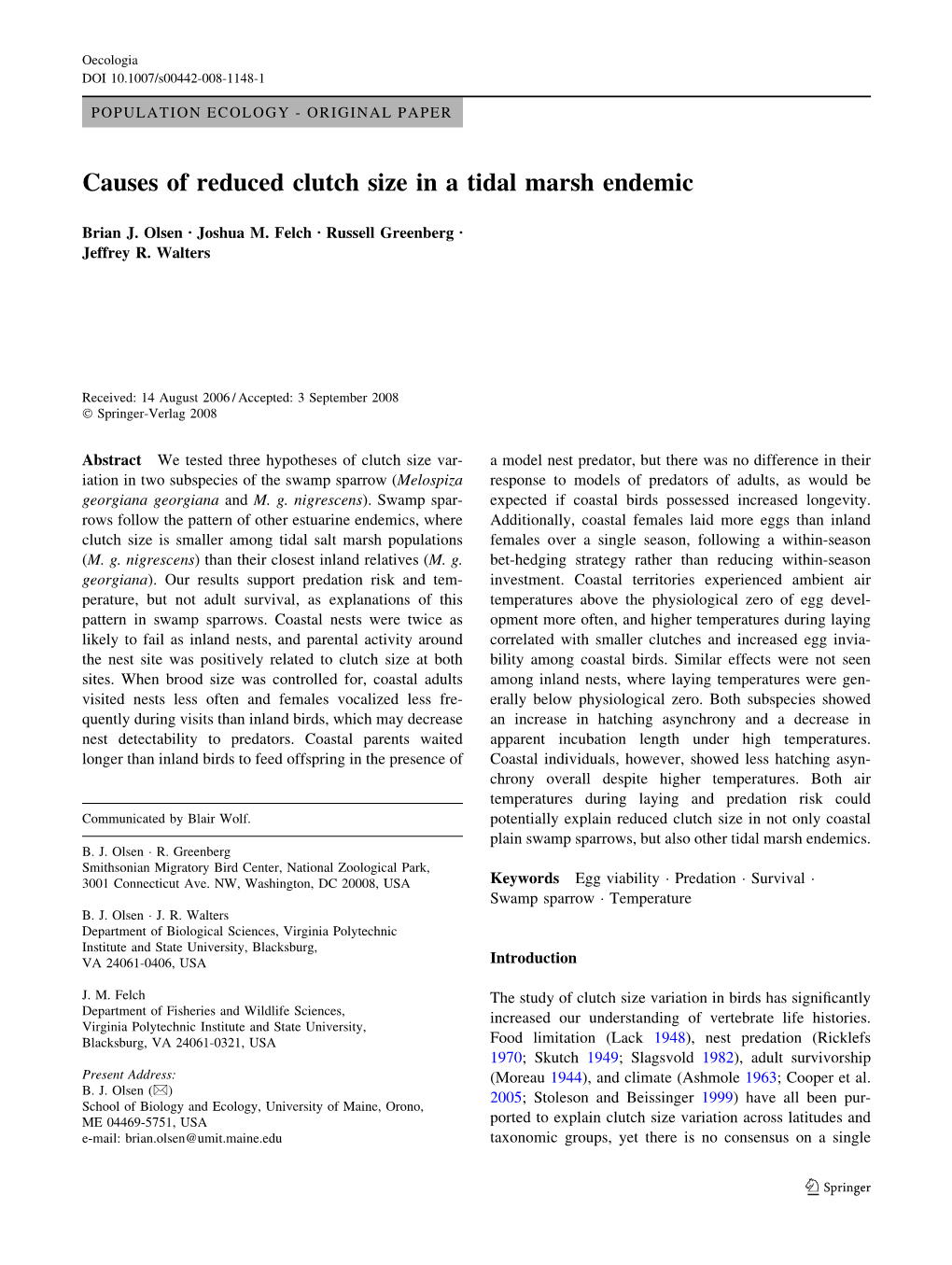 Causes of Reduced Clutch Size in a Tidal Marsh Endemic
