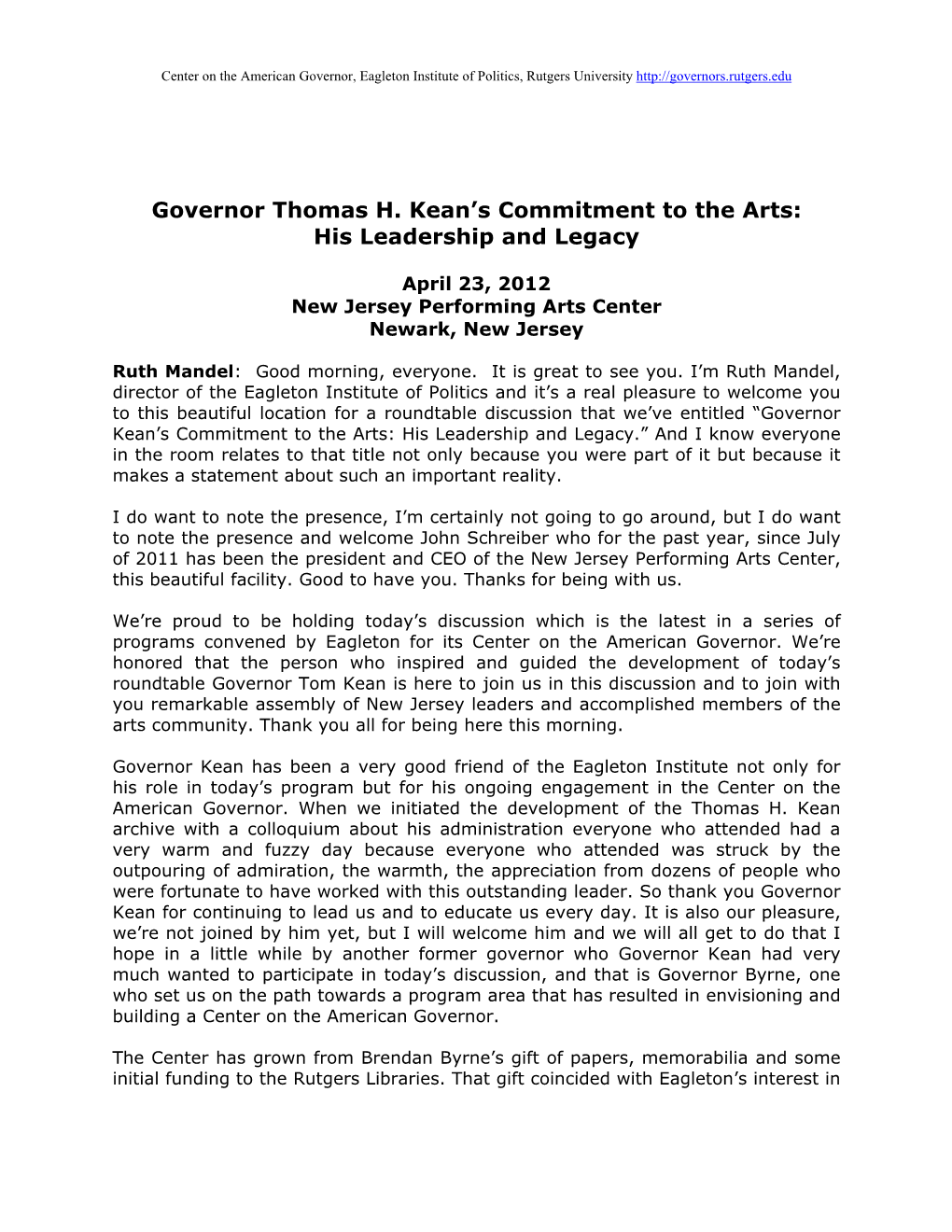 Governor Thomas H. Kean's Commitment to the Arts: His