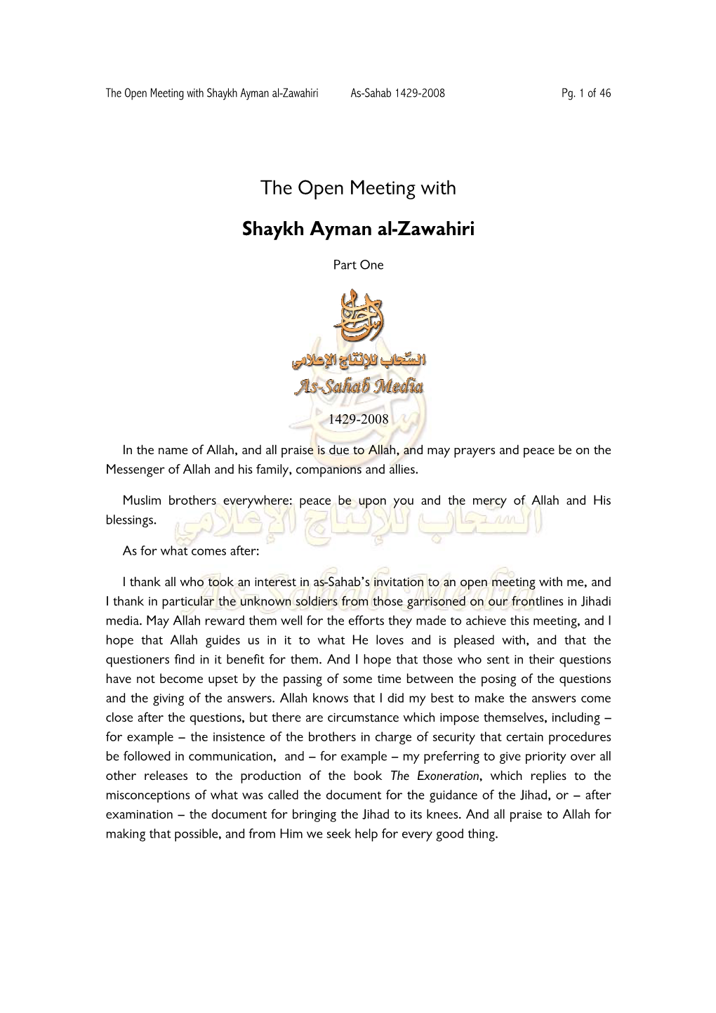 The Open Meeting with Shaykh Ayman Al-Zawahiri As-Sahab 1429-2008 Pg