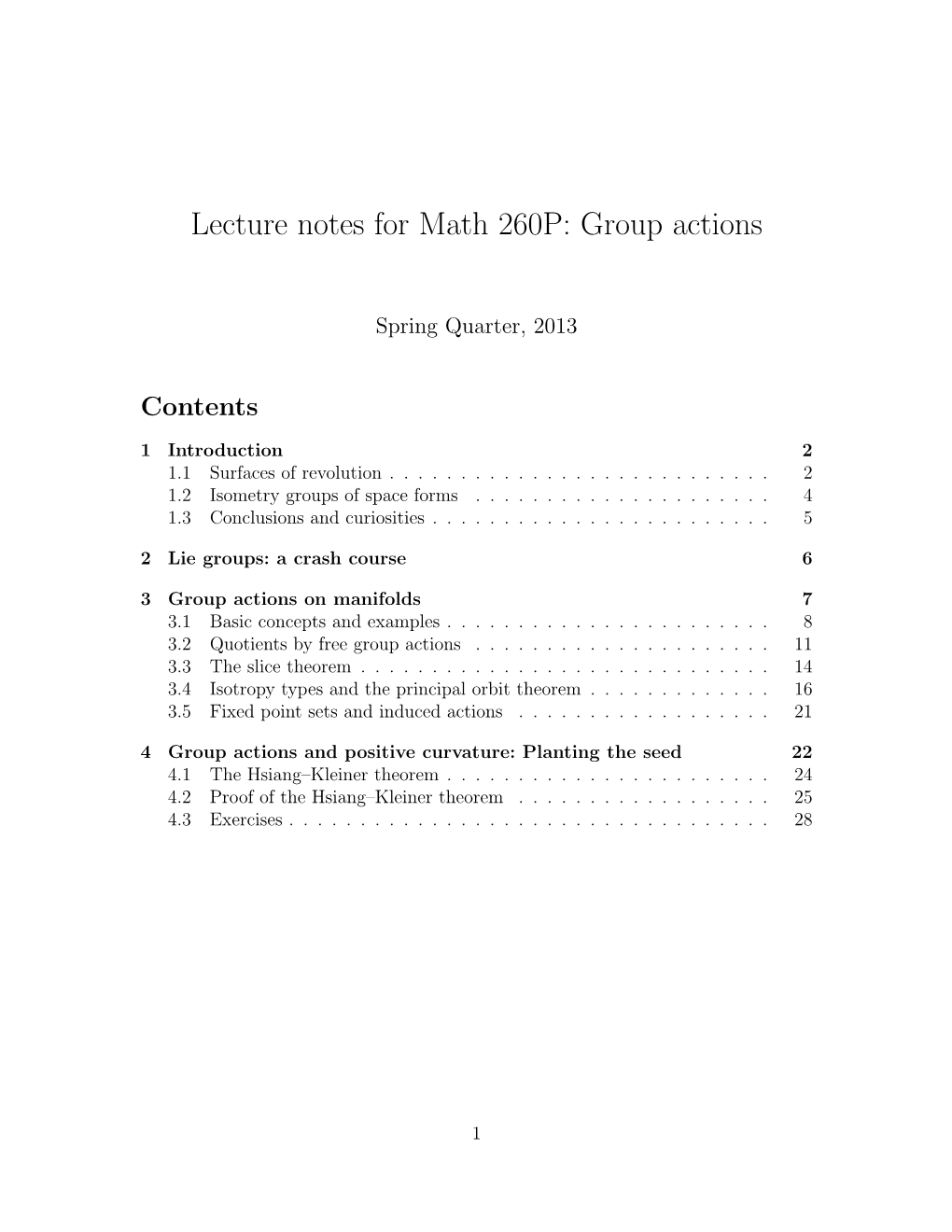 Lecture Notes for Math 260P: Group Actions