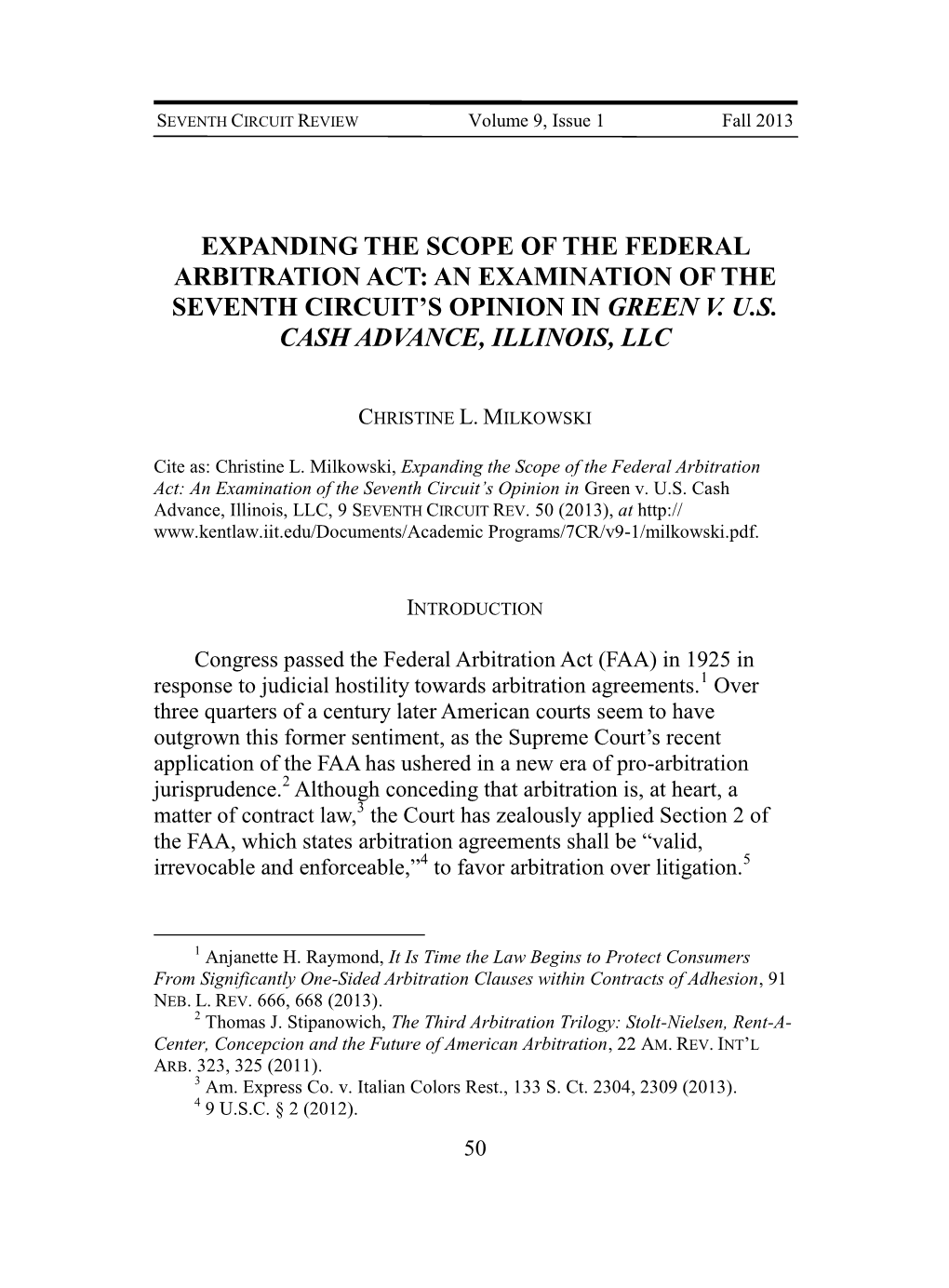 Expanding the Scope of the Federal Arbitration Act: an Examination of the Seventh Circuit’S Opinion in Green V