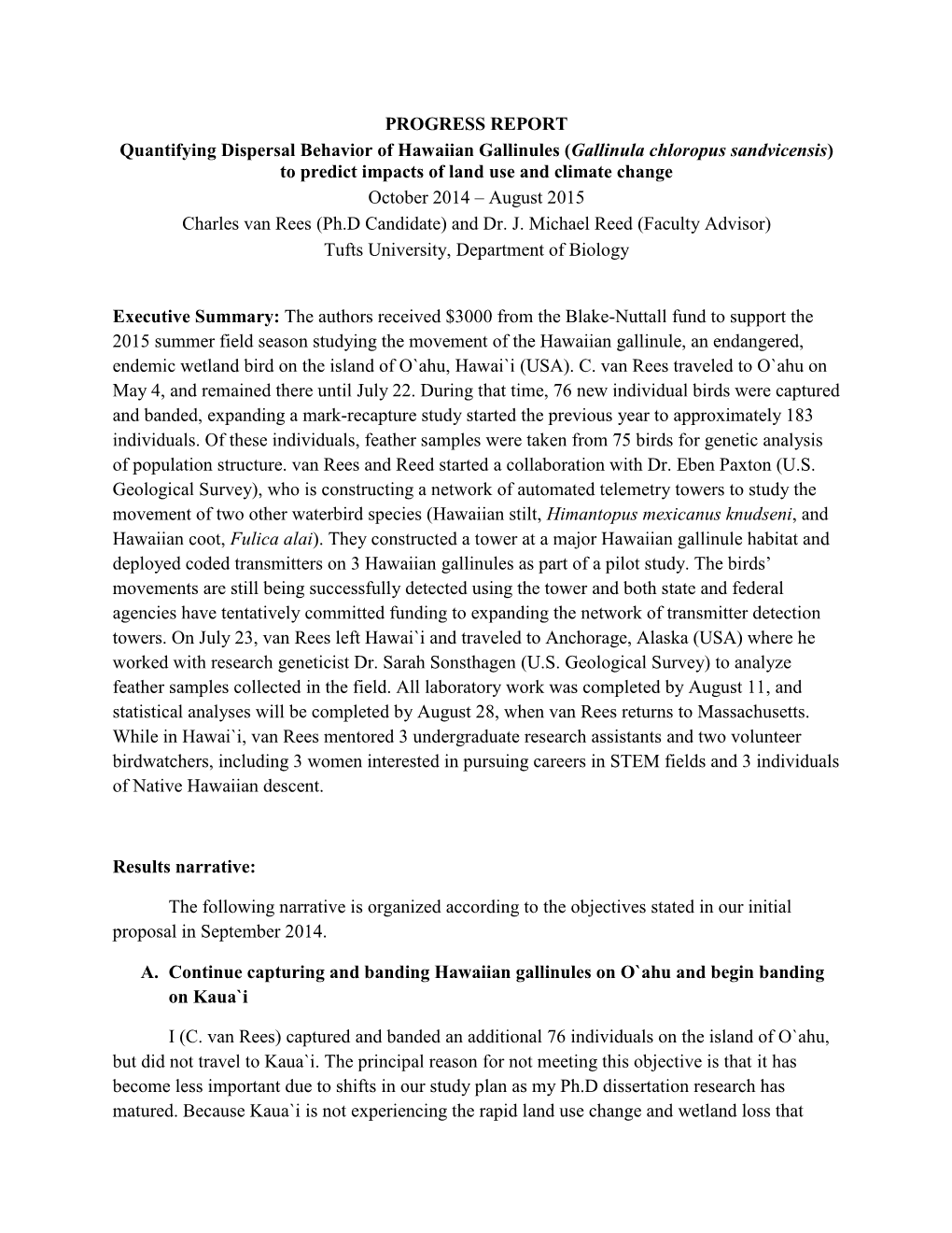 Quantifying Dispersal Behavior of Hawaiian Gallinules to Predict