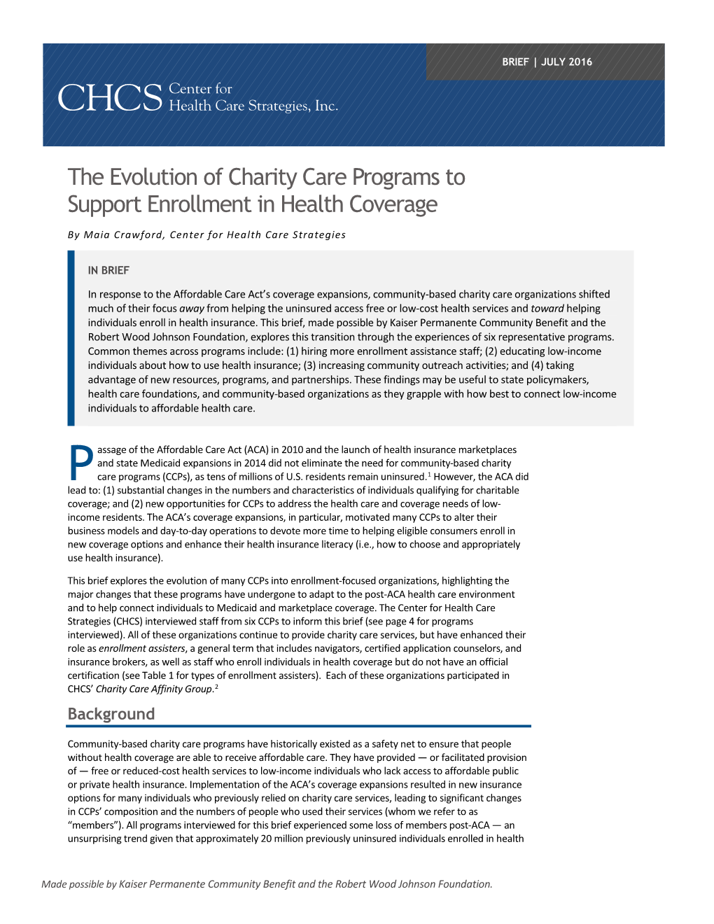 The Evolution of Charity Care Programs to Support Enrollment in Health Coverage