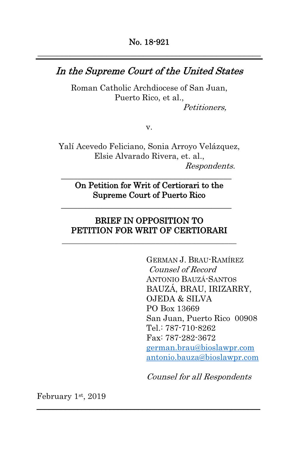 In the Supreme Court of the United States Roman Catholic Archdiocese of San Juan, Puerto Rico, Et Al., Petitioners