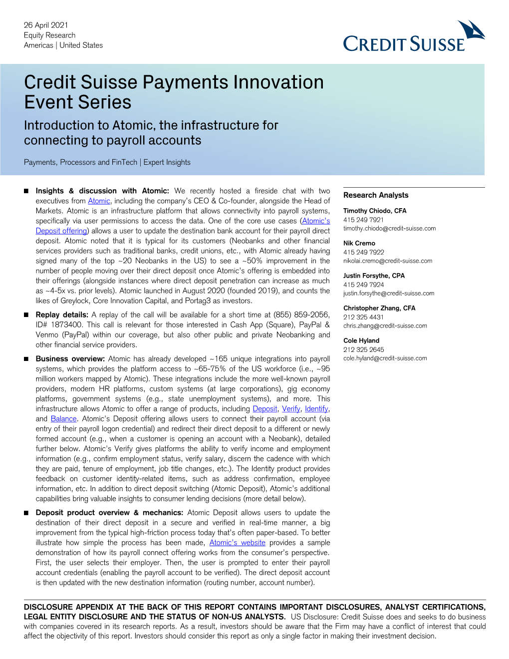 Credit Suisse Payments Innovation Event Series Introduction to Atomic, the Infrastructure for Connecting to Payroll Accounts
