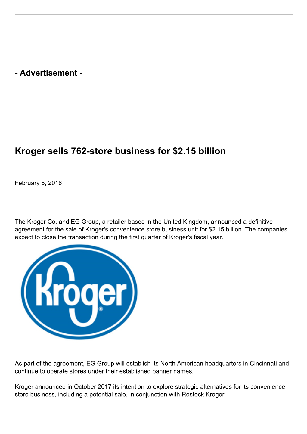 Kroger Sells 762-Store Business for $2.15 Billion