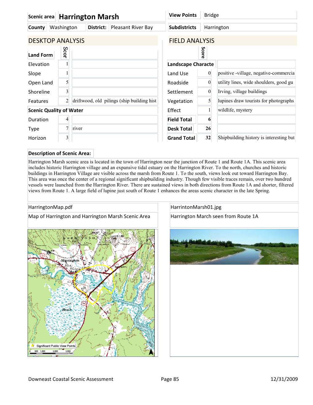 Scenic Area Harrington Marsh View Points Bridge County Washington District: Pleasant River Bay Subdistricts Harrington DESKTOP ANALYSIS FIELD ANALYSIS