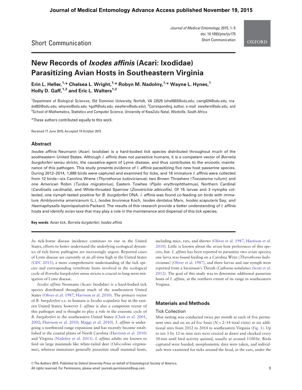 New Records of Ixodes Affinis Parasitizing Avian Hosts In