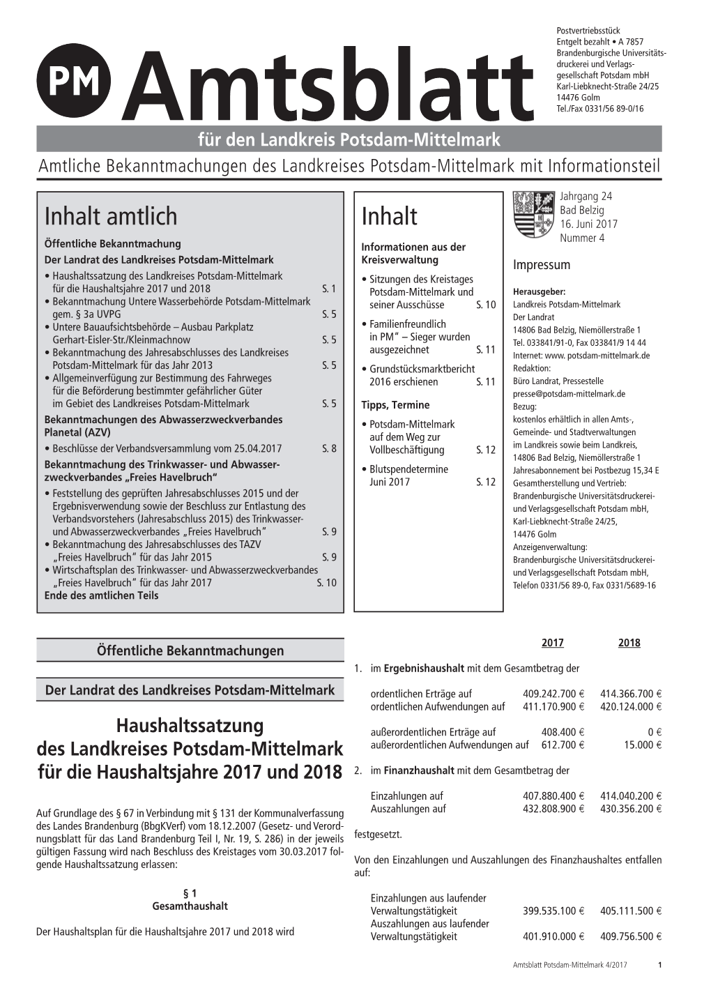 Amtliche Bekanntmachungen Des Landkreises Potsdam-Mittelmark Mit Informationsteil