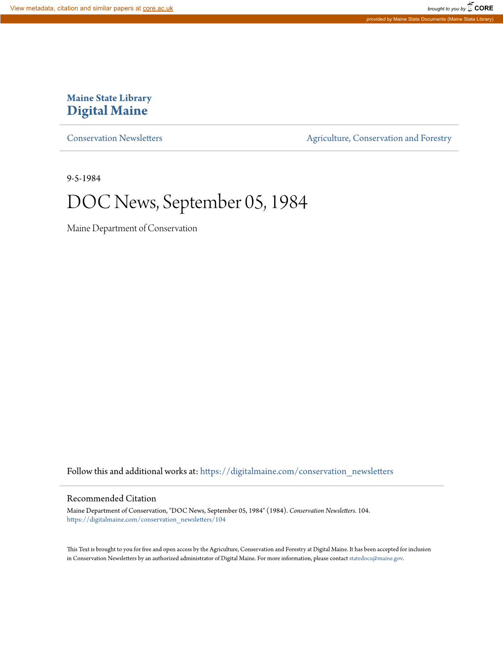 DOC News, September 05, 1984 Maine Department of Conservation