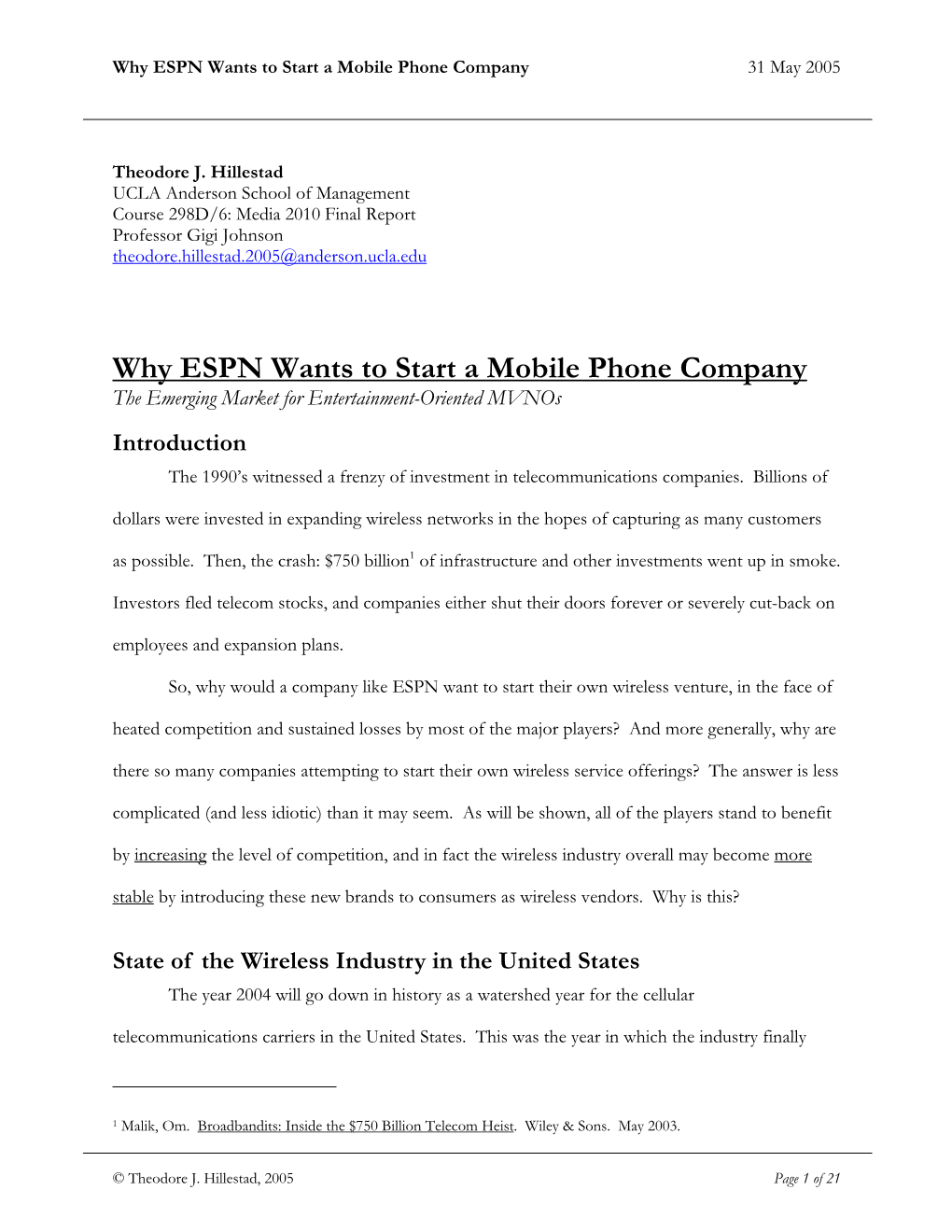 Why ESPN Wants to Start a Mobile Phone Company 31 May 2005