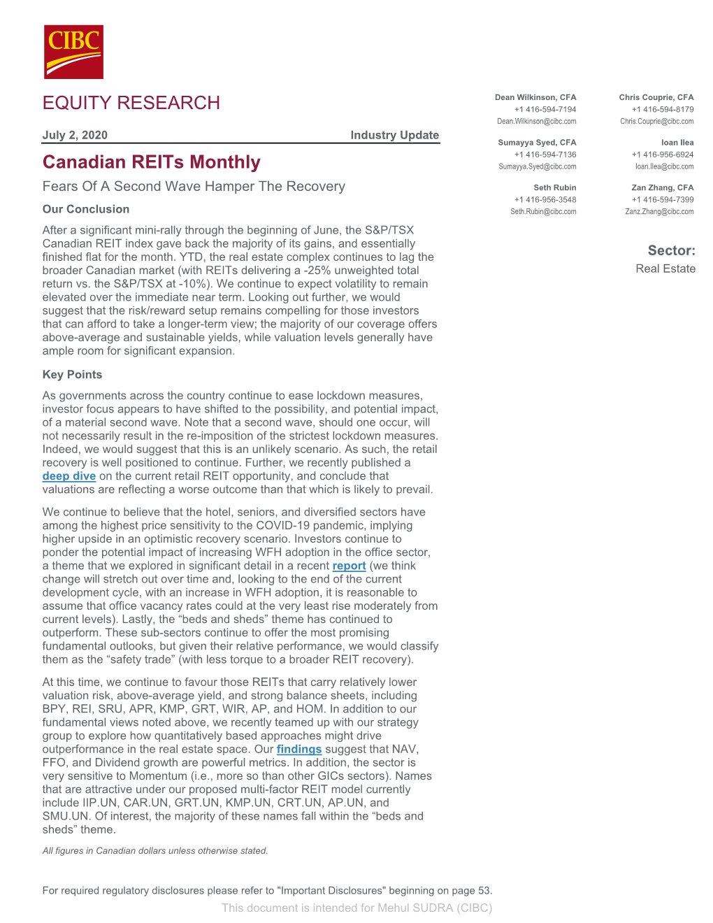 EQUITY RESEARCH Canadian Reits Monthly