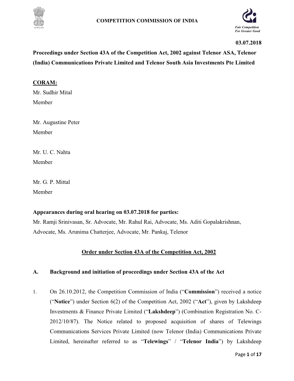 03.07.2018 Proceedings Under Section 43A of the Competition Act, 2002 Against Telenor ASA, Telenor (India) Communications Privat