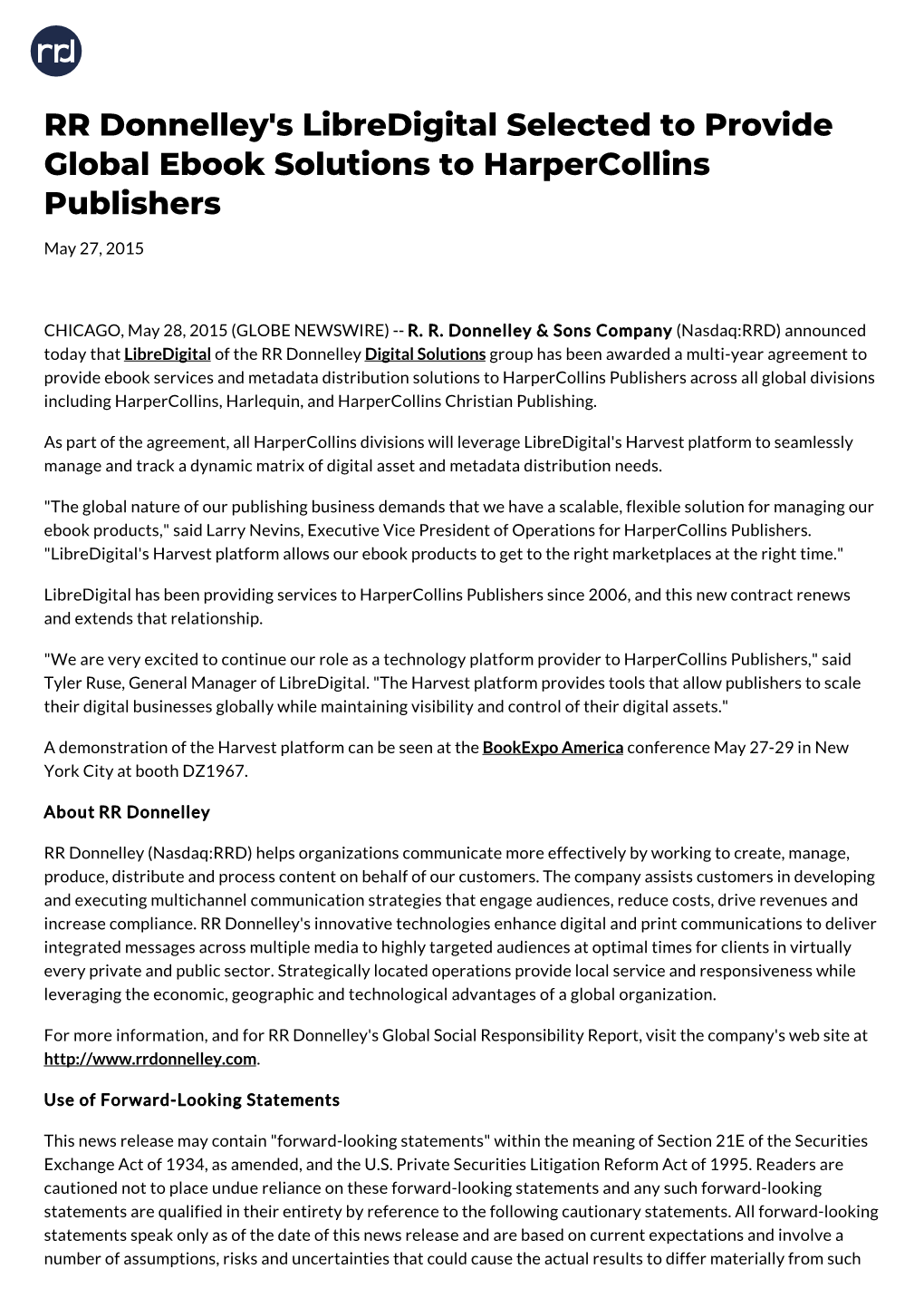 RR Donnelley's Libredigital Selected to Provide Global Ebook Solutions to Harpercollins Publishers