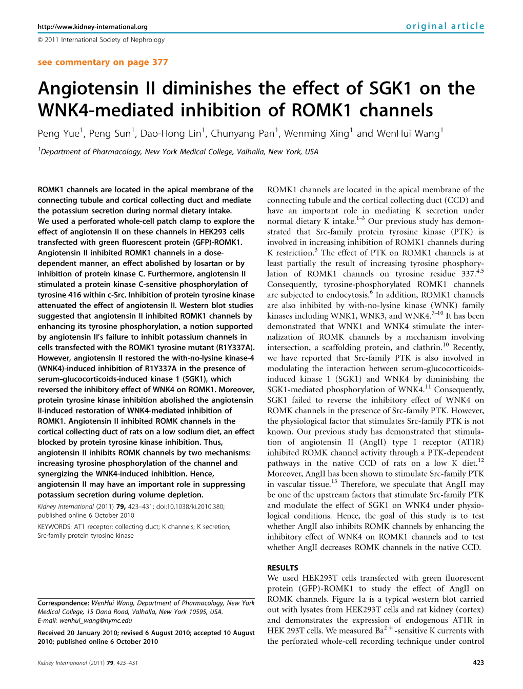 Angiotensin II Diminishes the Effect of SGK1 on the WNK4-Mediated Inhibition of ROMK1 Channels