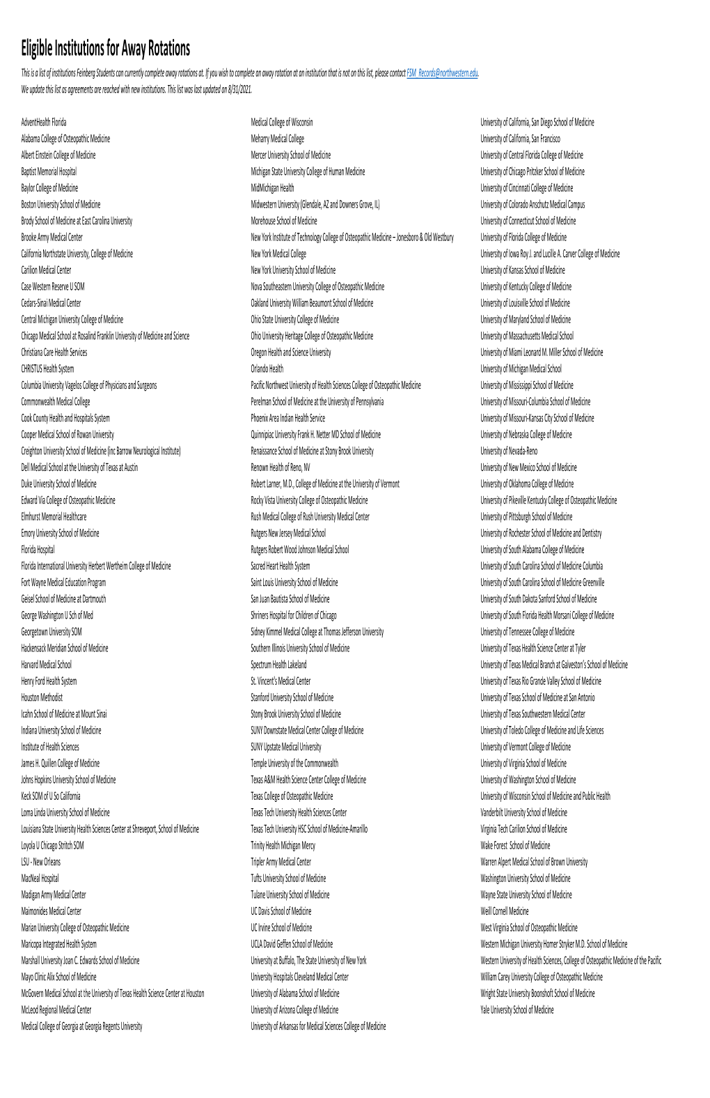 Eligible Institutions for Away Rotations This Is a List of Institutions Feinberg Students Can Currently Complete Away Rotations At