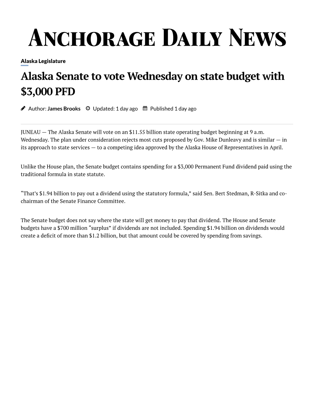 Alaska Senate to Vote Wednesday on State Budget with $3,000 PFD