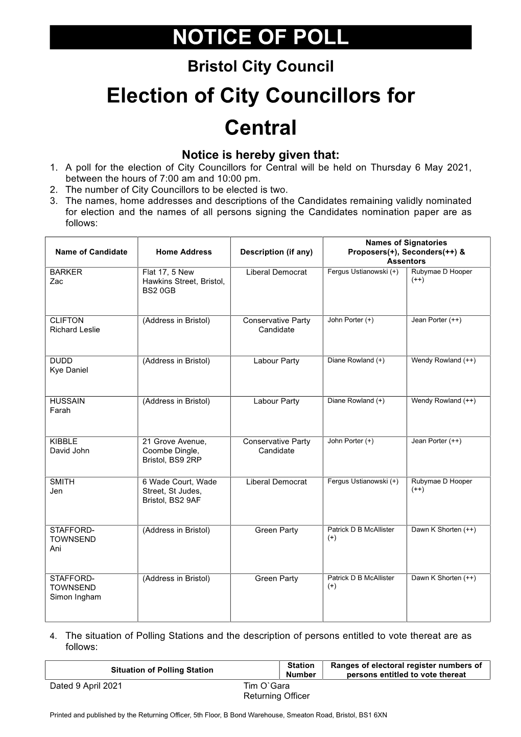 Notice of Poll: Election of City Councillors for Central (Pdf, 65KB)