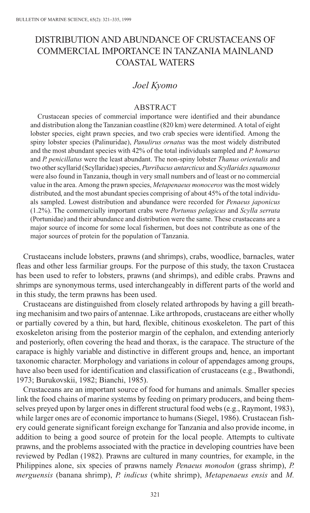 Distribution and Abundance of Crustaceans of Commercial Importance in Tanzania Mainland Coastal Waters