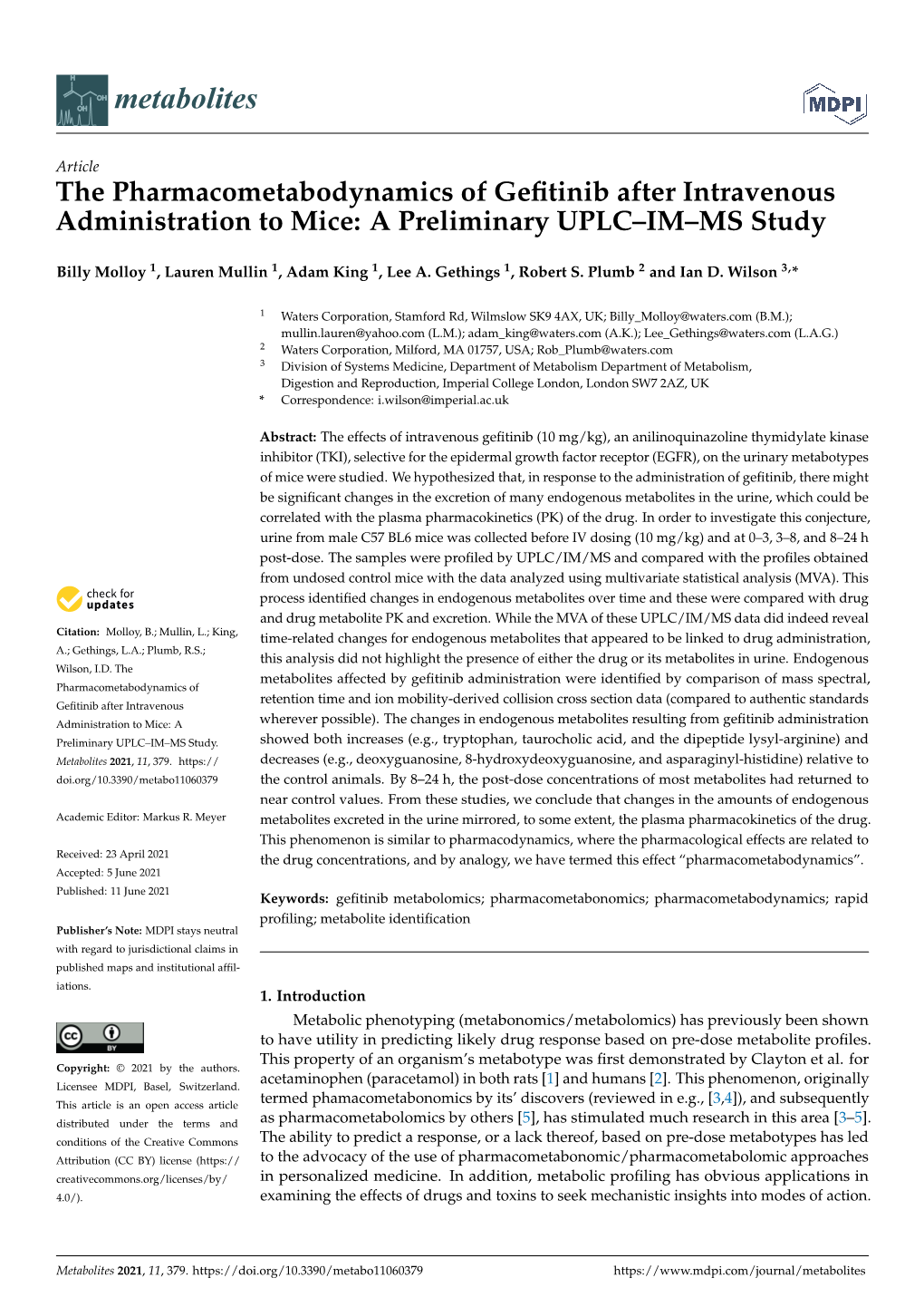 The Pharmacometabodynamics of Gefitinib After Intravenous Administration to Mice: a Preliminary UPLC–IM–MS Study