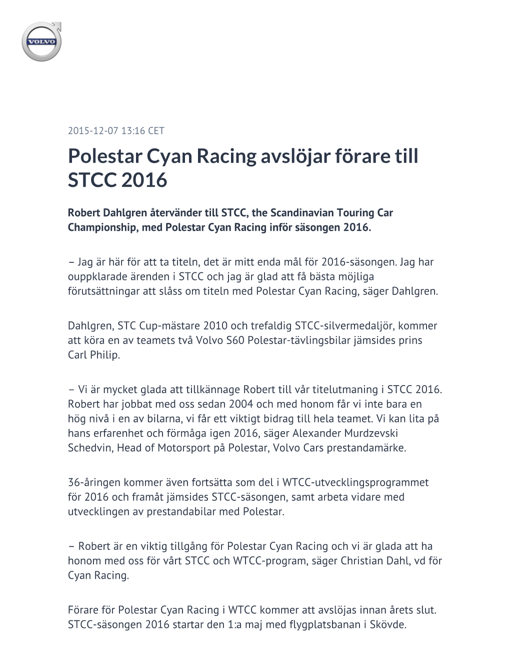 Polestar Cyan Racing Avslöjar Förare Till STCC 2016