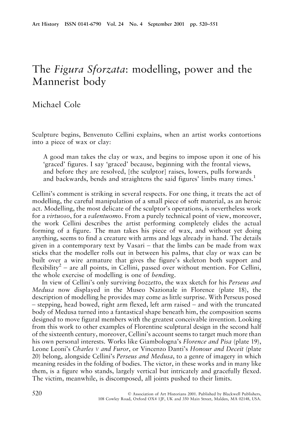 The Figura Sforzata: Modelling, Power and the Mannerist Body