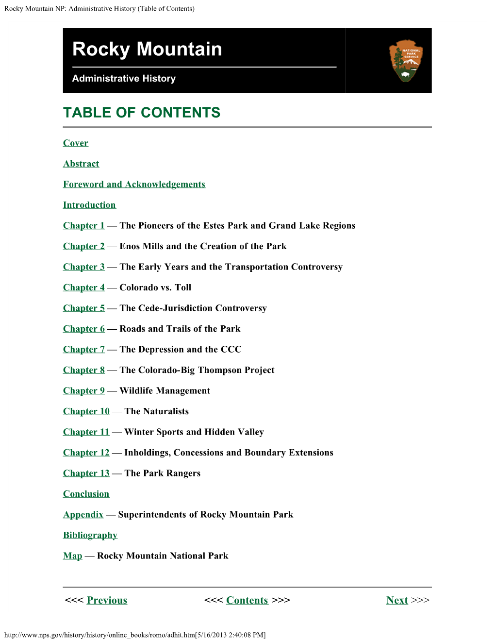 Rocky Mountain NP: Administrative History (Table of Contents)