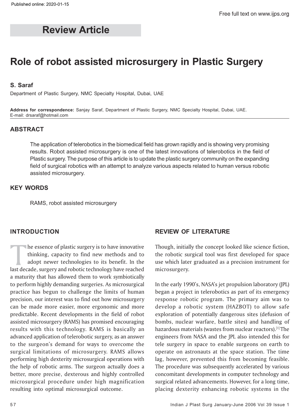 Review Article Role of Robot Assisted Microsurgery in Plastic Surgery