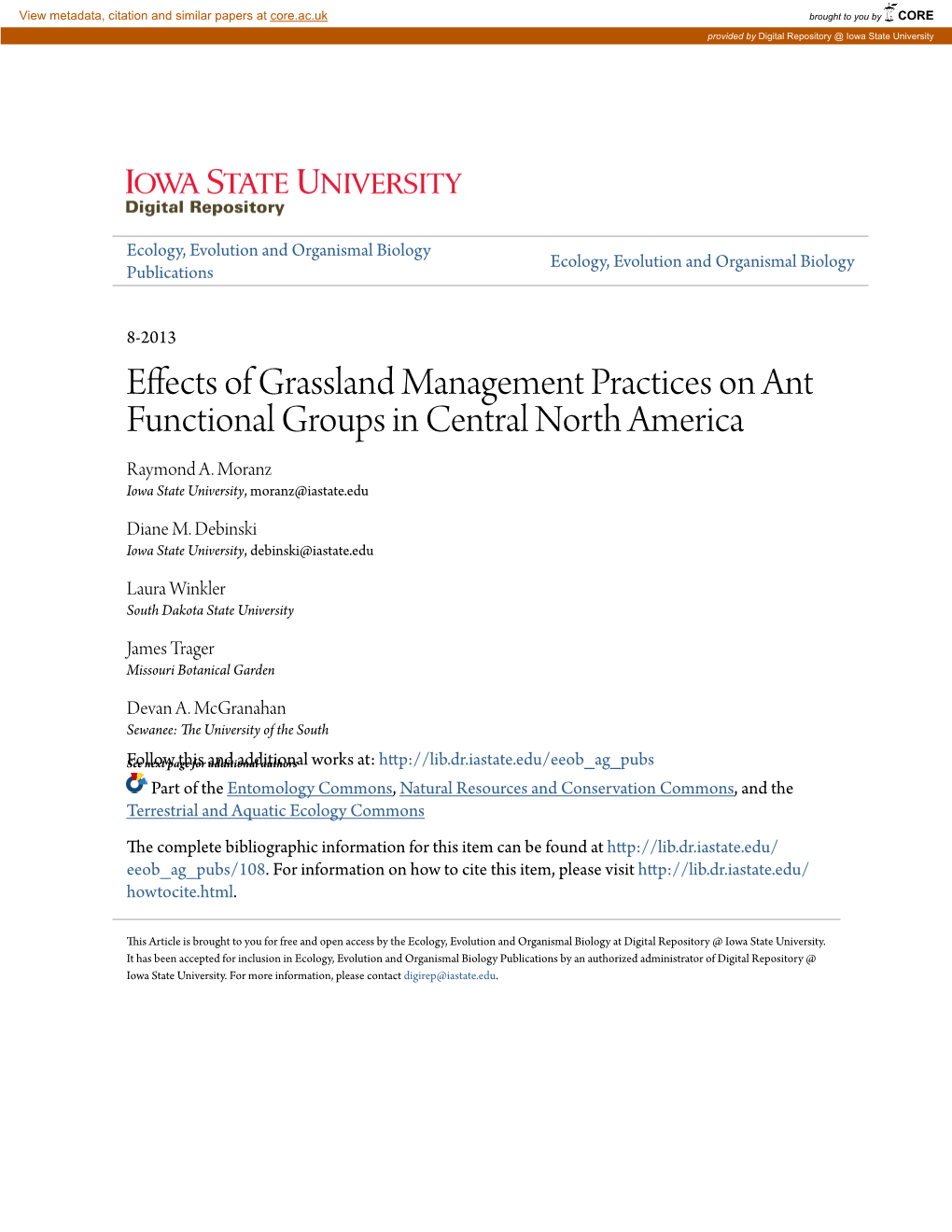 Effects of Grassland Management Practices on Ant Functional Groups in Central North America Raymond A