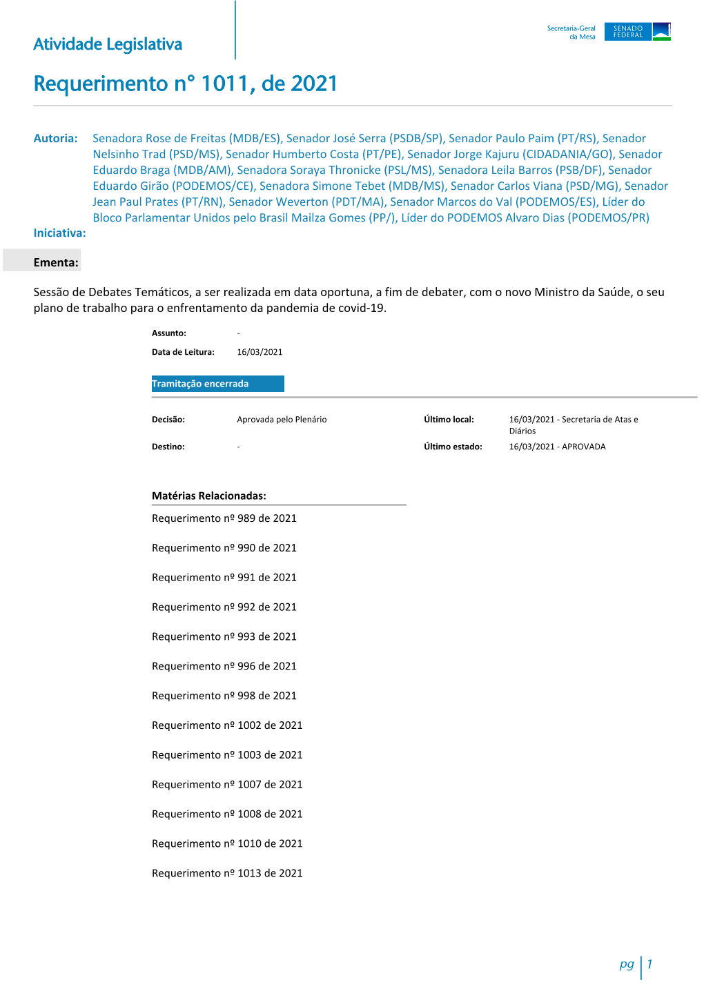 Atividade Legislativa Requerimento N° 1011, De 2021