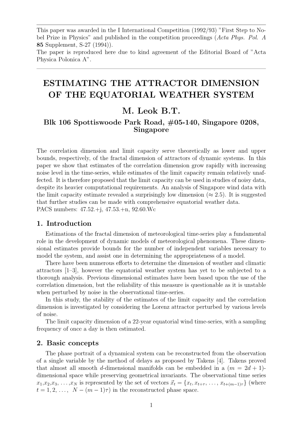 Estimating the Attractor Dimension of the Equatorial Weather System M