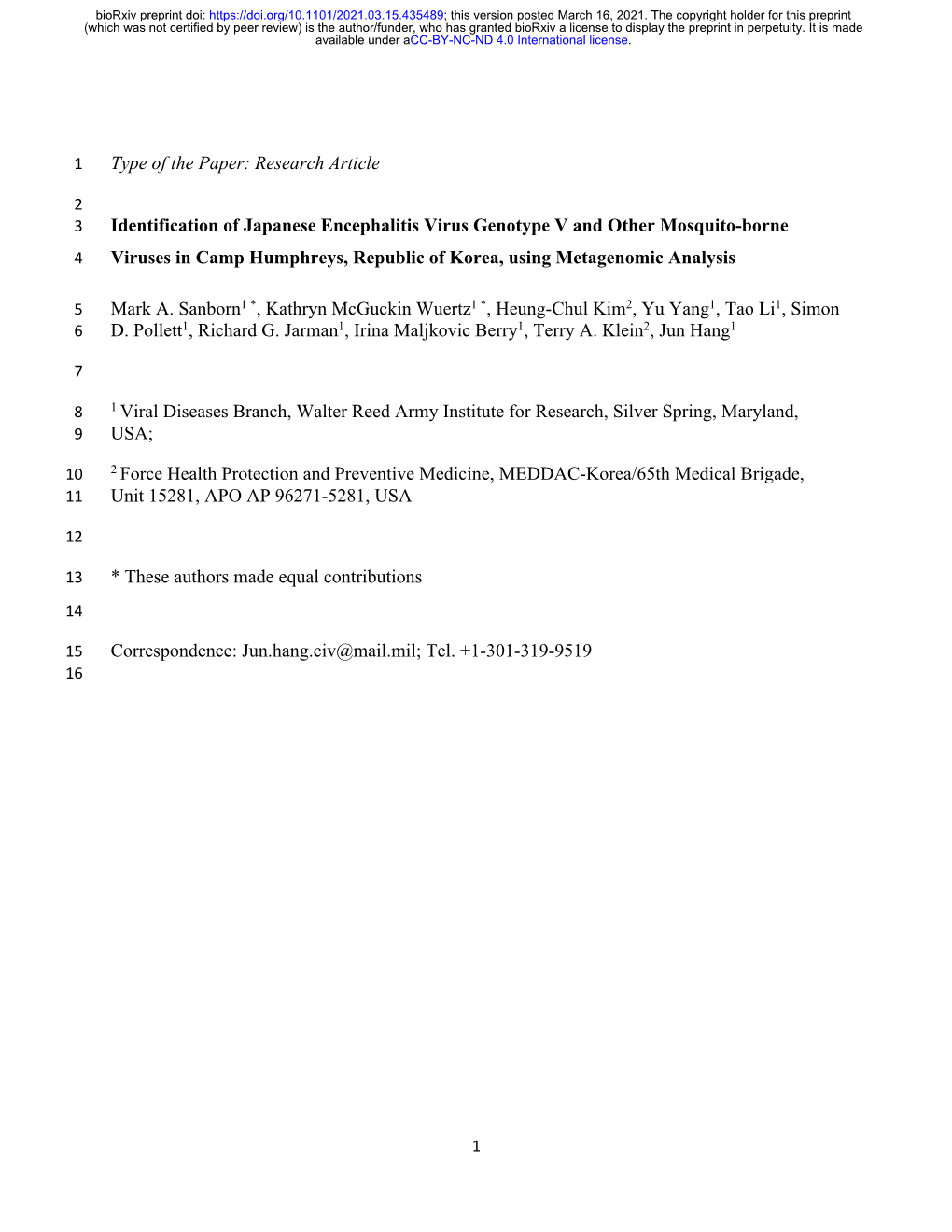 Identification of Japanese Encephalitis Virus Genotype V and Other Mosquito-Borne Viruses in Camp Humphreys, Republic of Korea