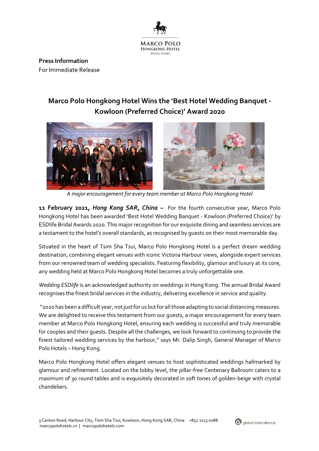 Marco Polo Hongkong Hotel Wins the ‘Best Hotel Wedding Banquet - Kowloon (Preferred Choice)’ Award 2020