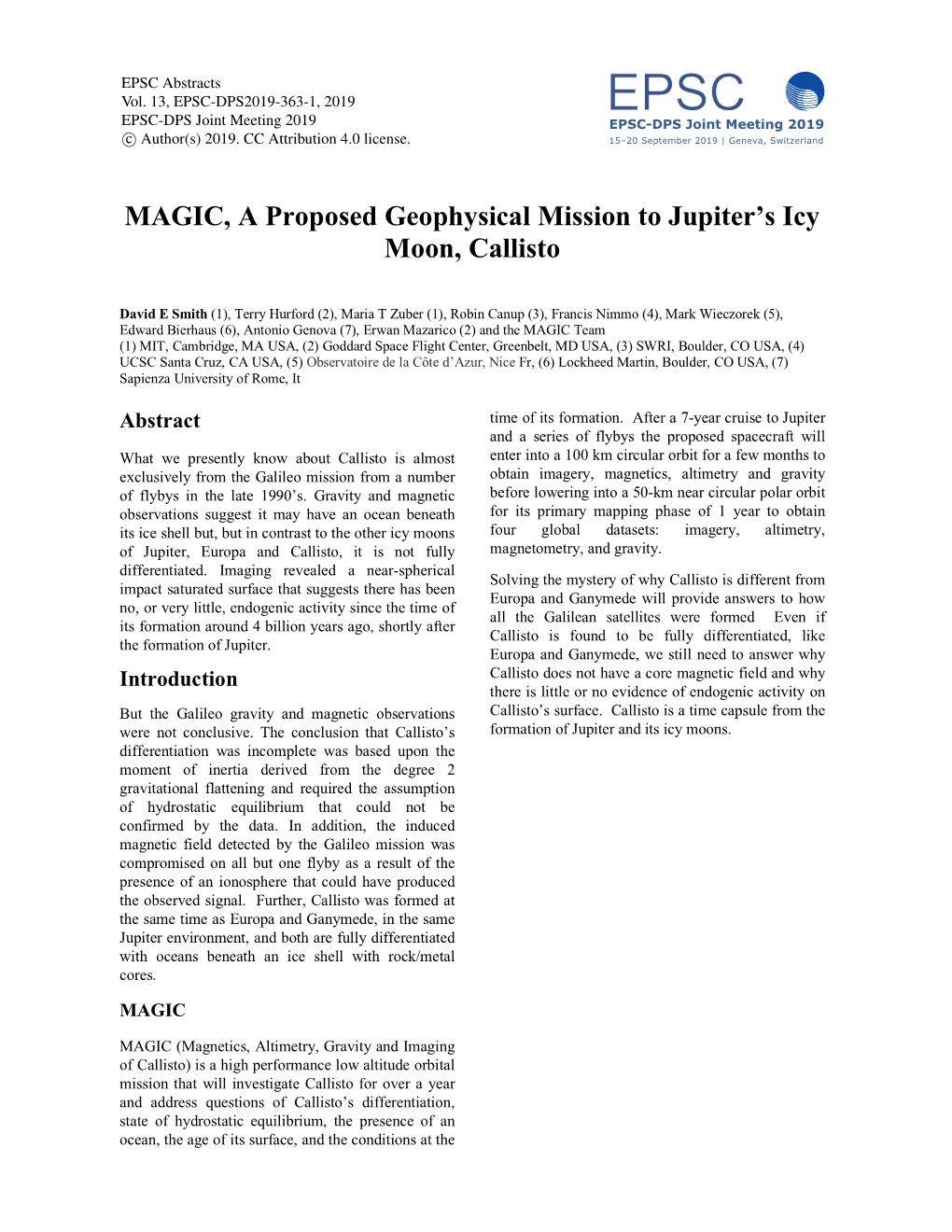 MAGIC, a Proposed Geophysical Mission to Jupiter's Icy Moon, Callisto