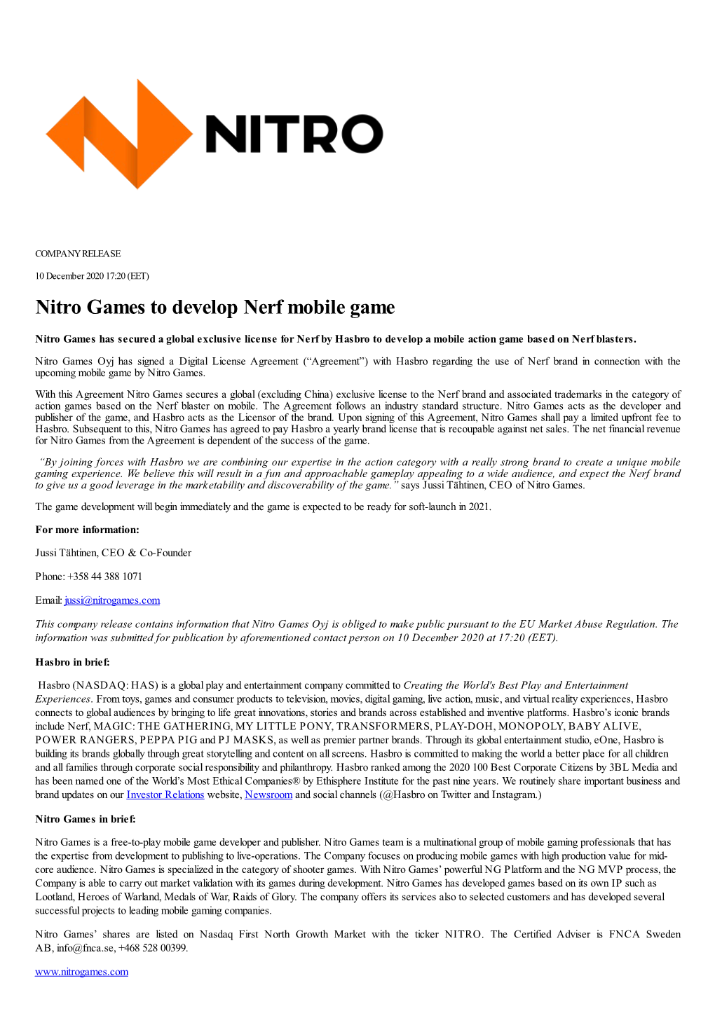 Nitro Games to Develop Nerf Mobile Game