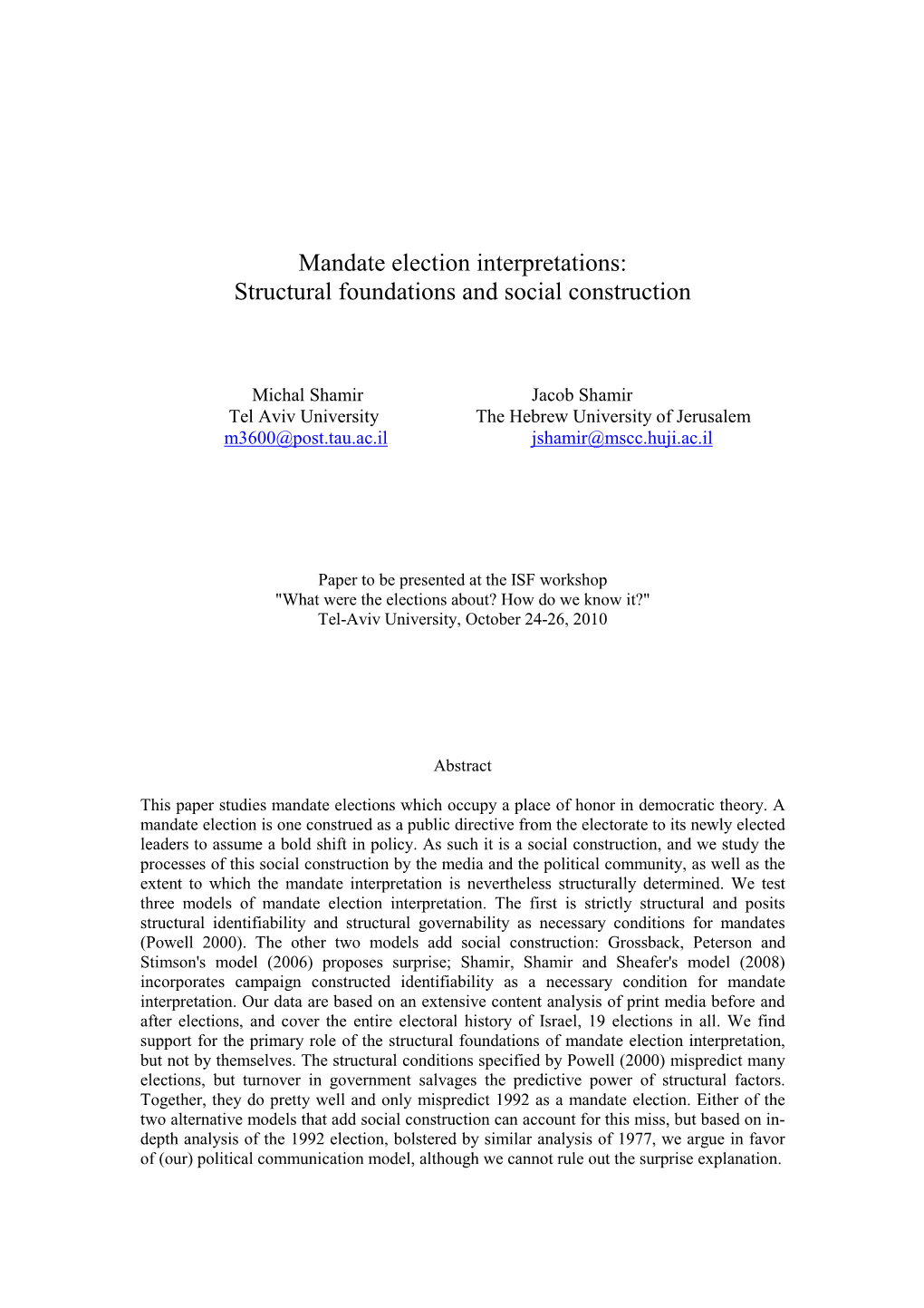 Mandate Election Interpretations: Structural Foundations and Social Construction