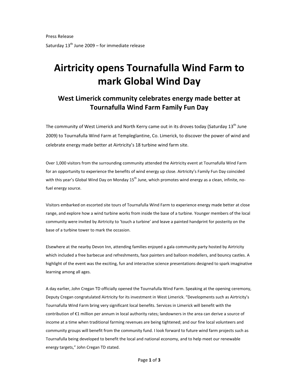 Airtricity Opens Tournafulla Wind Farm to Mark Global Wind Day