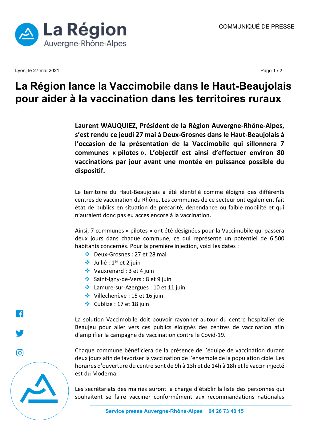 La Région Lance La Vaccimobile Dans Le Haut-Beaujolais Pour Aider À La Vaccination Dans Les Territoires Ruraux