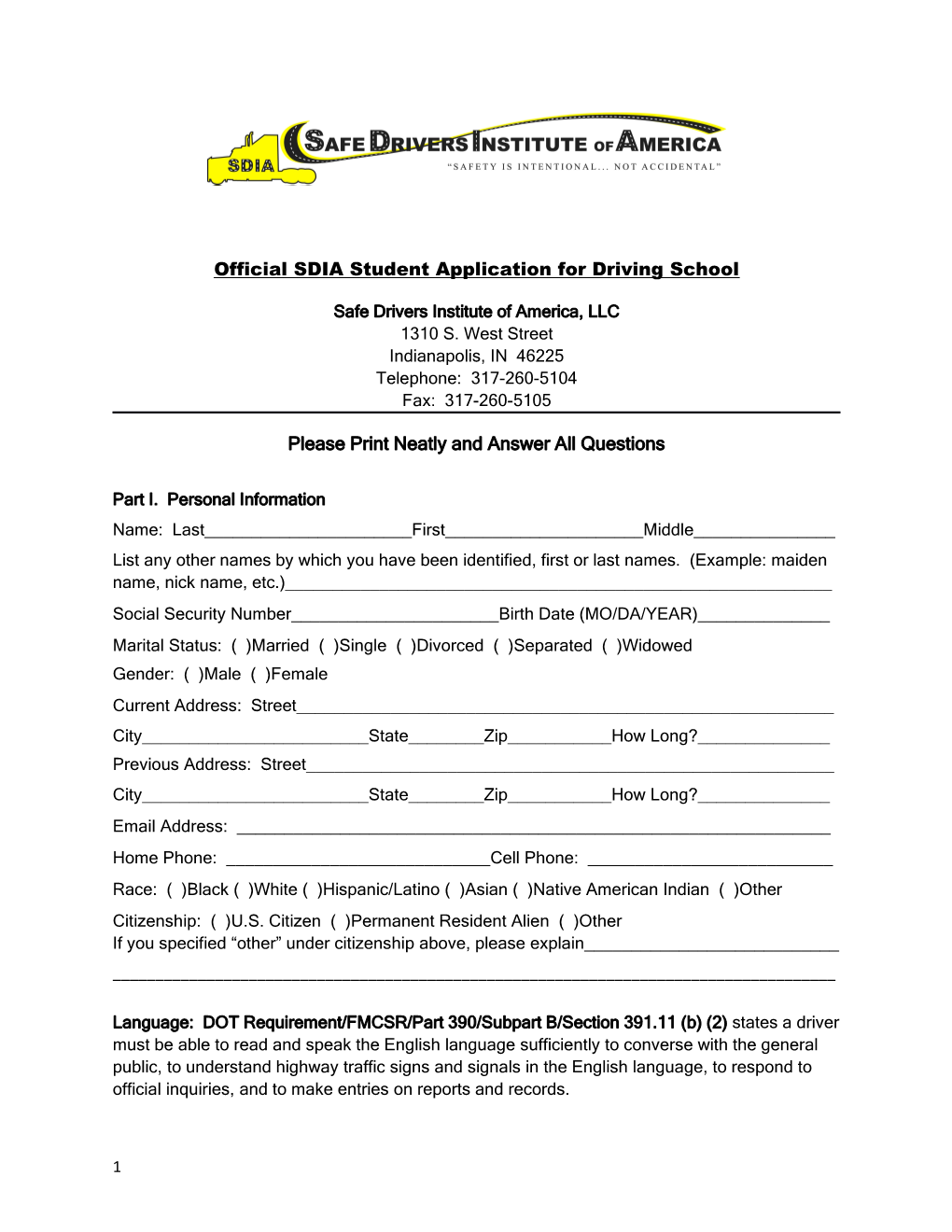 Official SDIA Student Application for Driving School