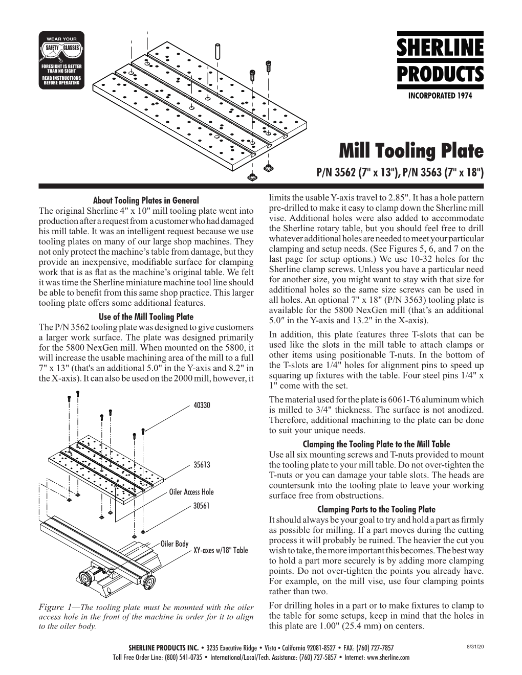 Mill Tooling Plate P/N 3562 (7" X 13"), P/N 3563 (7" X 18")