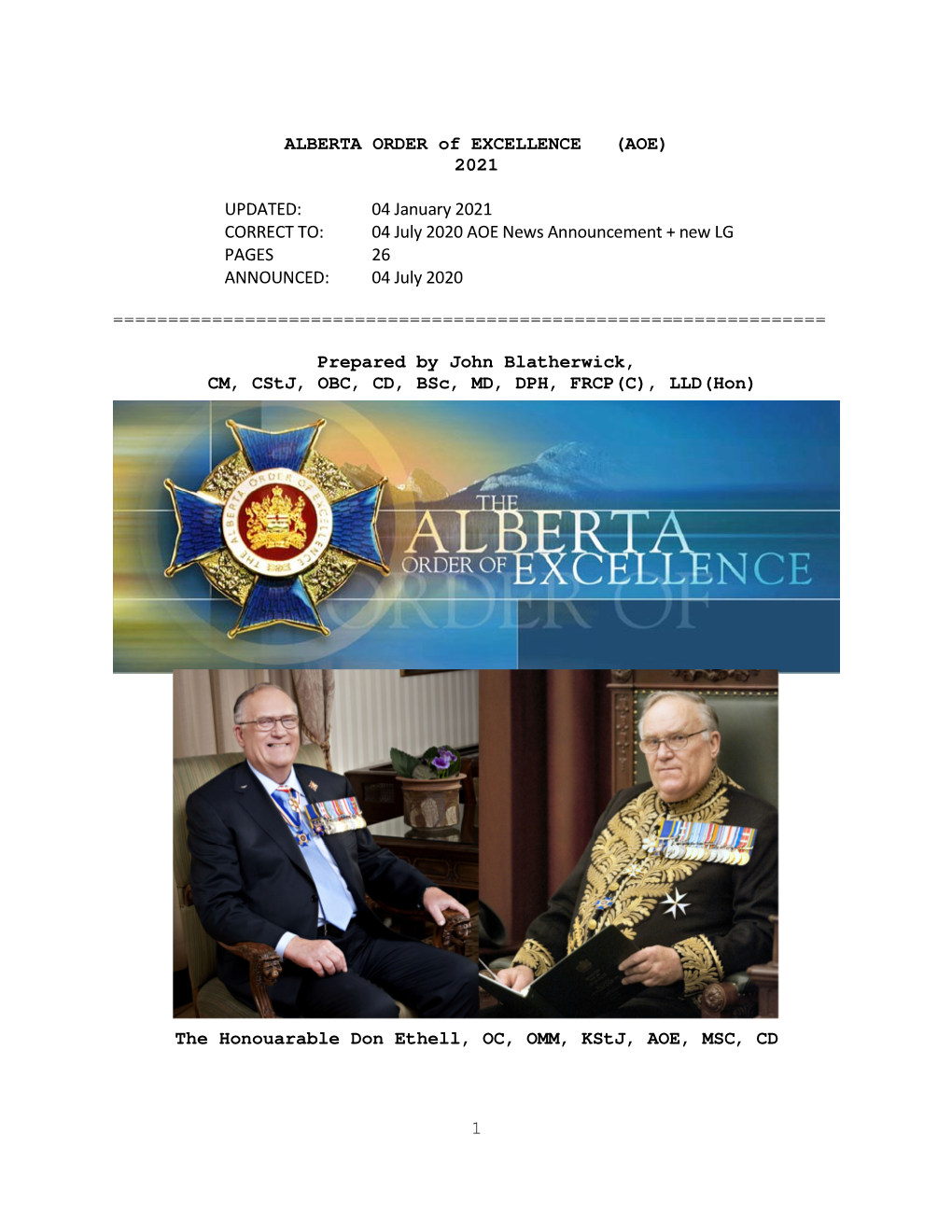 1 ALBERTA ORDER of EXCELLENCE (AOE)