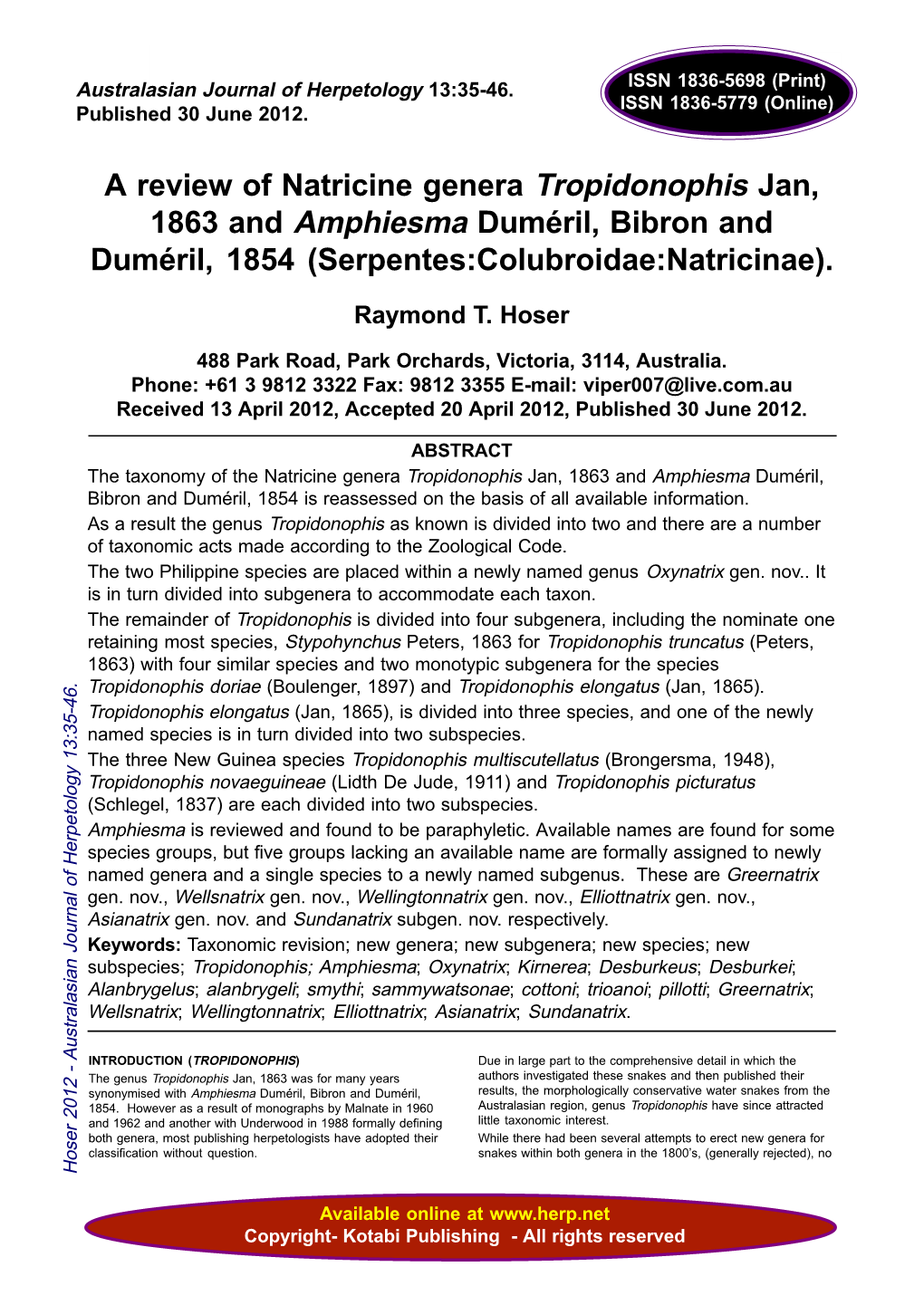 A Review of Natricine Genera Tropidonophis Jan, 1863 and Amphiesma Duméril, Bibron and Duméril, 1854 (Serpentes:Colubroidae:Natricinae)